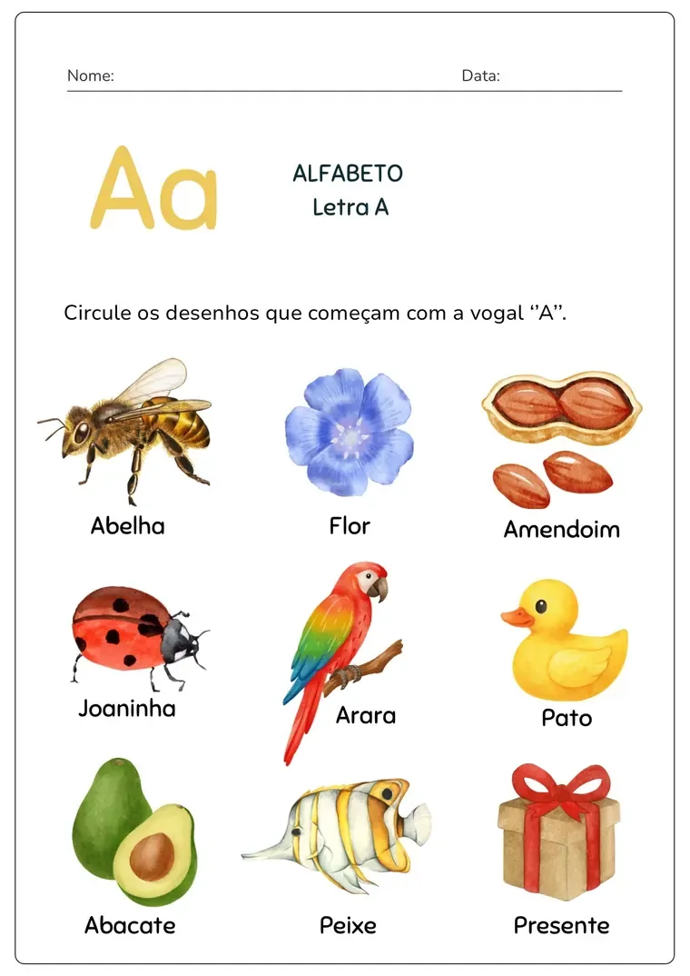 Atividade de Português: Letra A — circule os desenhos