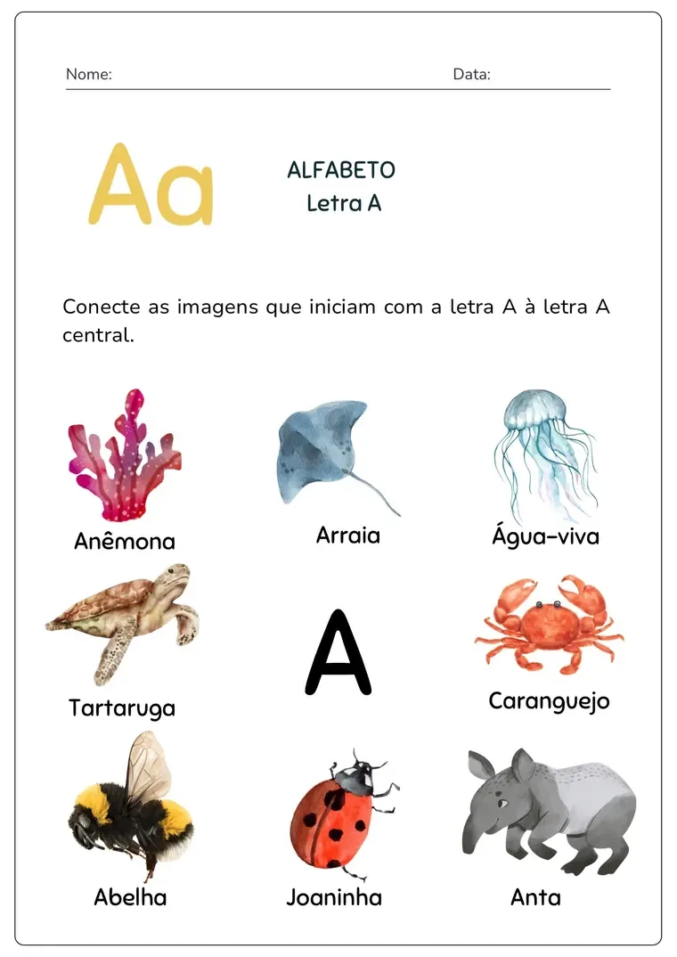 Atividade de Português: Letra A — conectar imagens