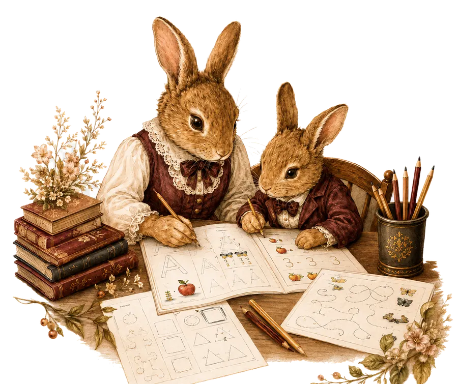 Coelhos marrons estudando com atividades Folhinha & Giz