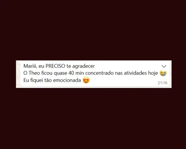 Mensagem relatando quase quarenta minutos de concentração durante as atividades