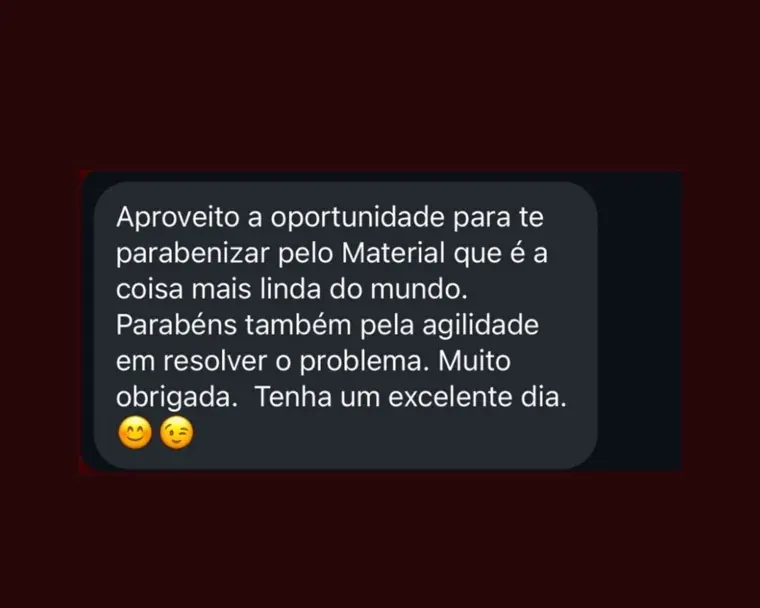 Mensagem elogiando a beleza do material e a agilidade do atendimento